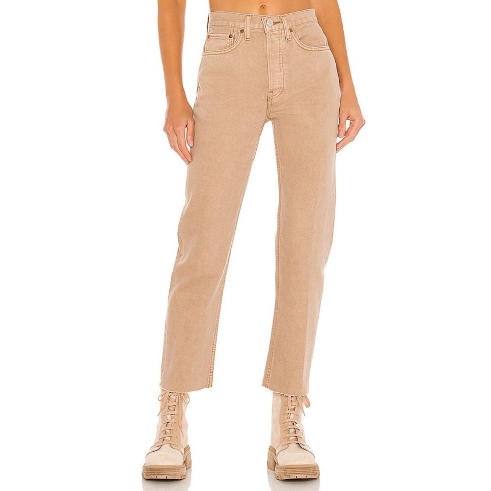 Re/Done 70s Stove Pipe Jeans in Washed Khaki Button Fly Raw Hem Size 27
